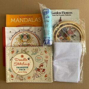 Huge Embroidering Craft Lot, Iron On Transfers, Hoops, Aida Cloth, Stabilizer